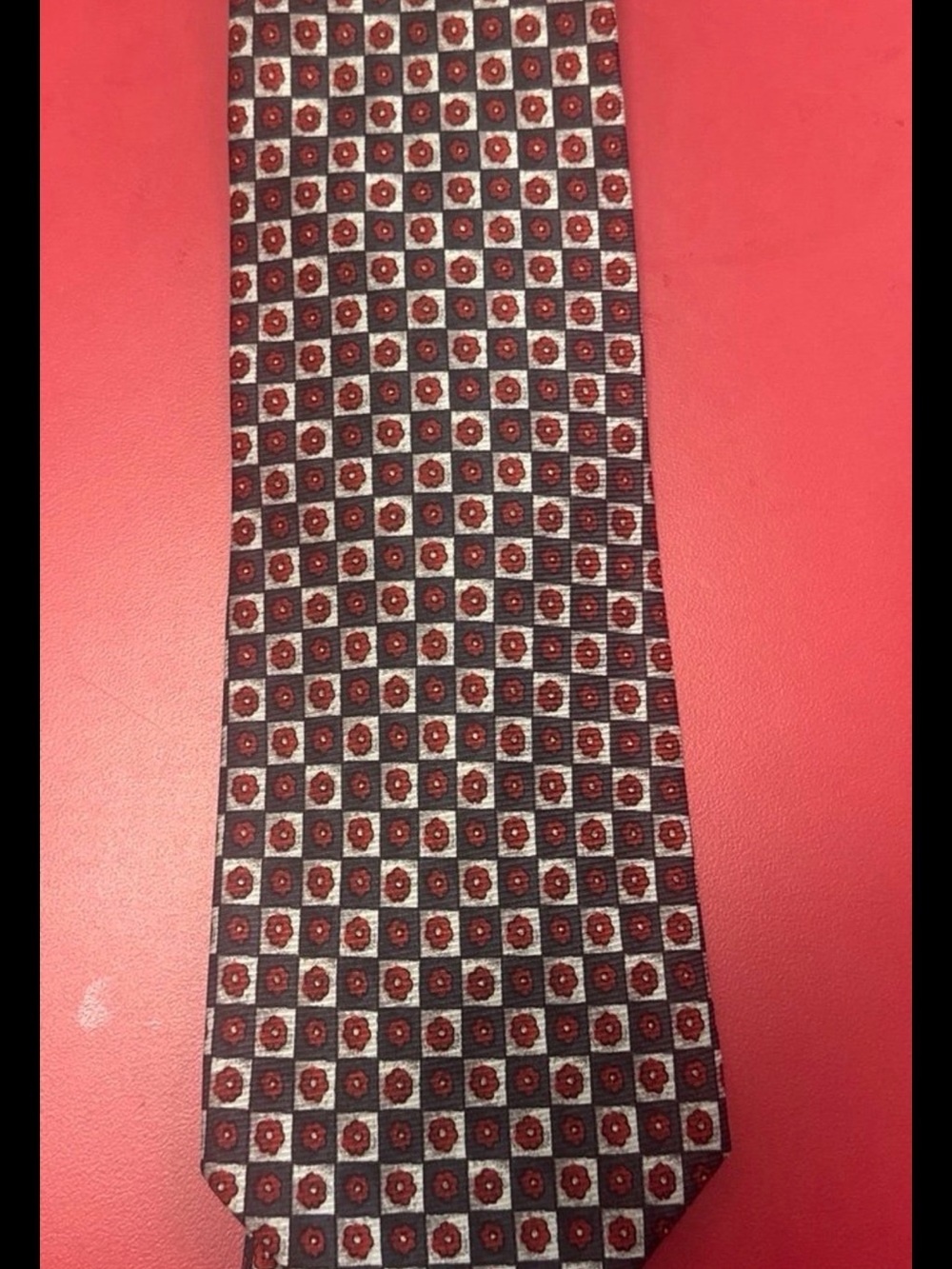 Valentino Red and Gray Geometric Floral Silk Tie